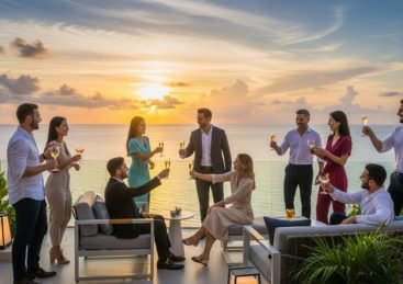 Team celebrating on an incentive trip at sunset